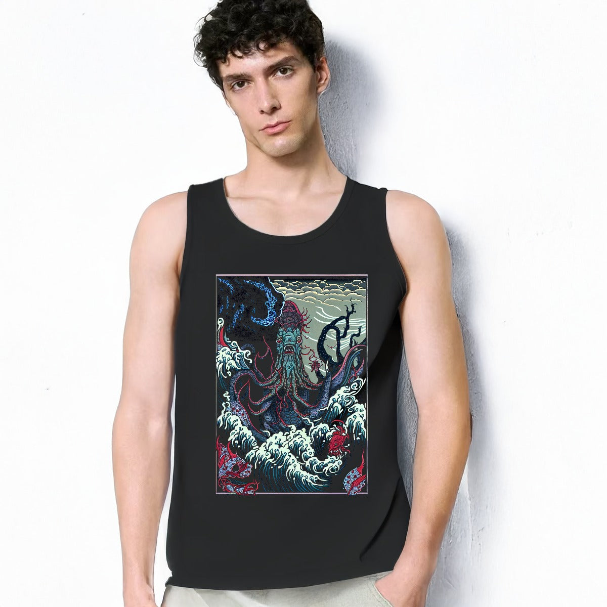 horror depths ukiyo-e Japanese style print of Cthulhu in the depths of the ocean art print on a mens black muscle tank top