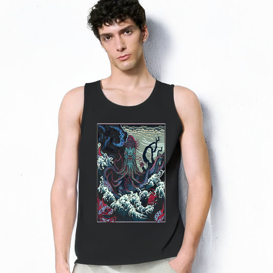 horror depths ukiyo-e Japanese style print of Cthulhu in the depths of the ocean art print on a mens black muscle tank top