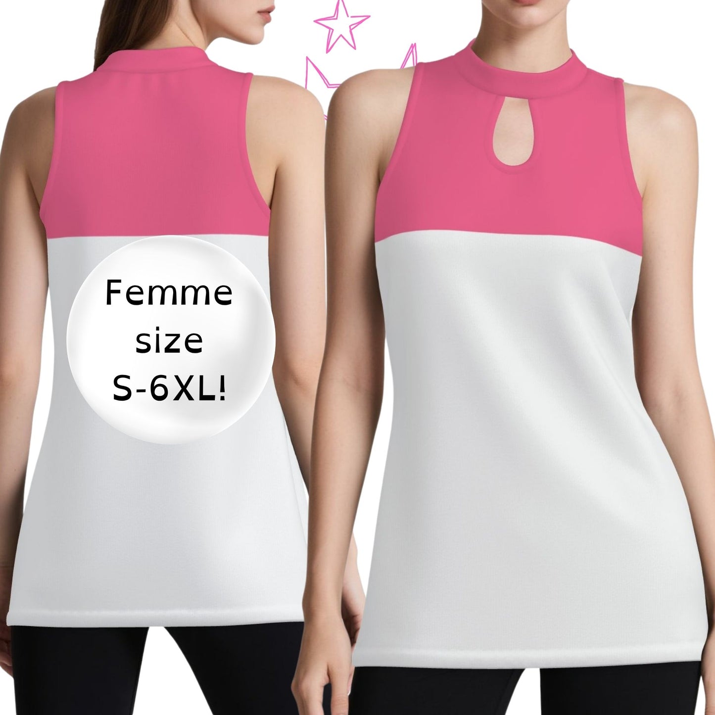 Key Cutout Mock Neck Tank Top in Hot Pink and White Colorblock