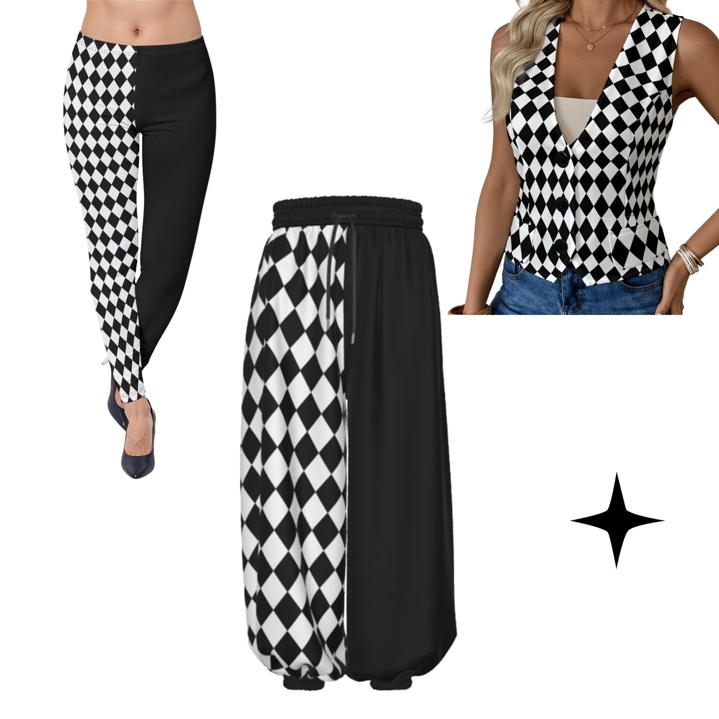 Schwarz-weiße Harlekin-Clownweste für Damen