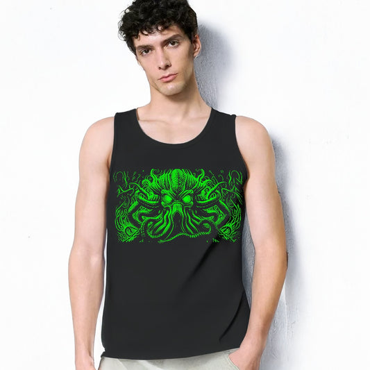 mens muscle tank top in black cotton jersey knit with a lime green print of Cthulhu tentacle face monster