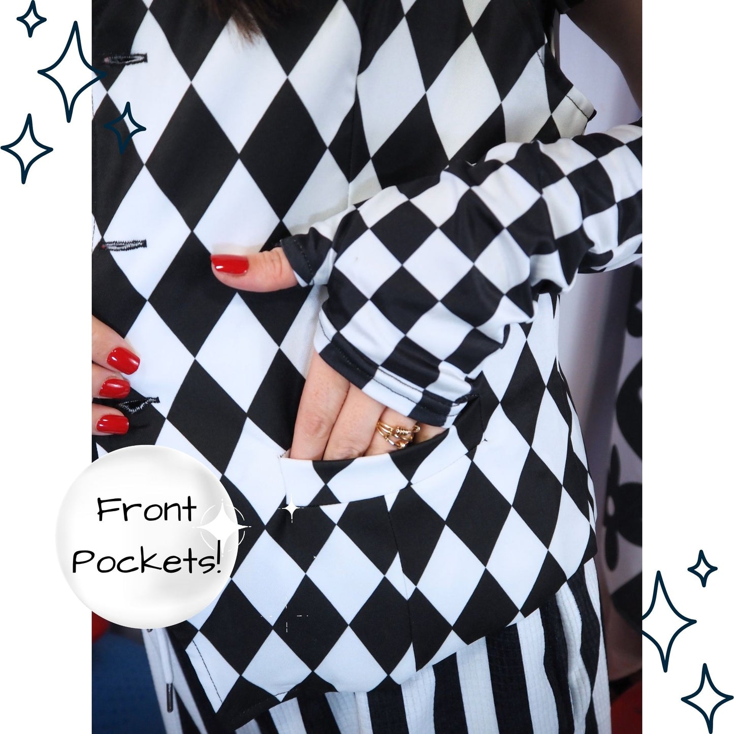 Black and white checkered dress with front pockets, highlighting the design feature.