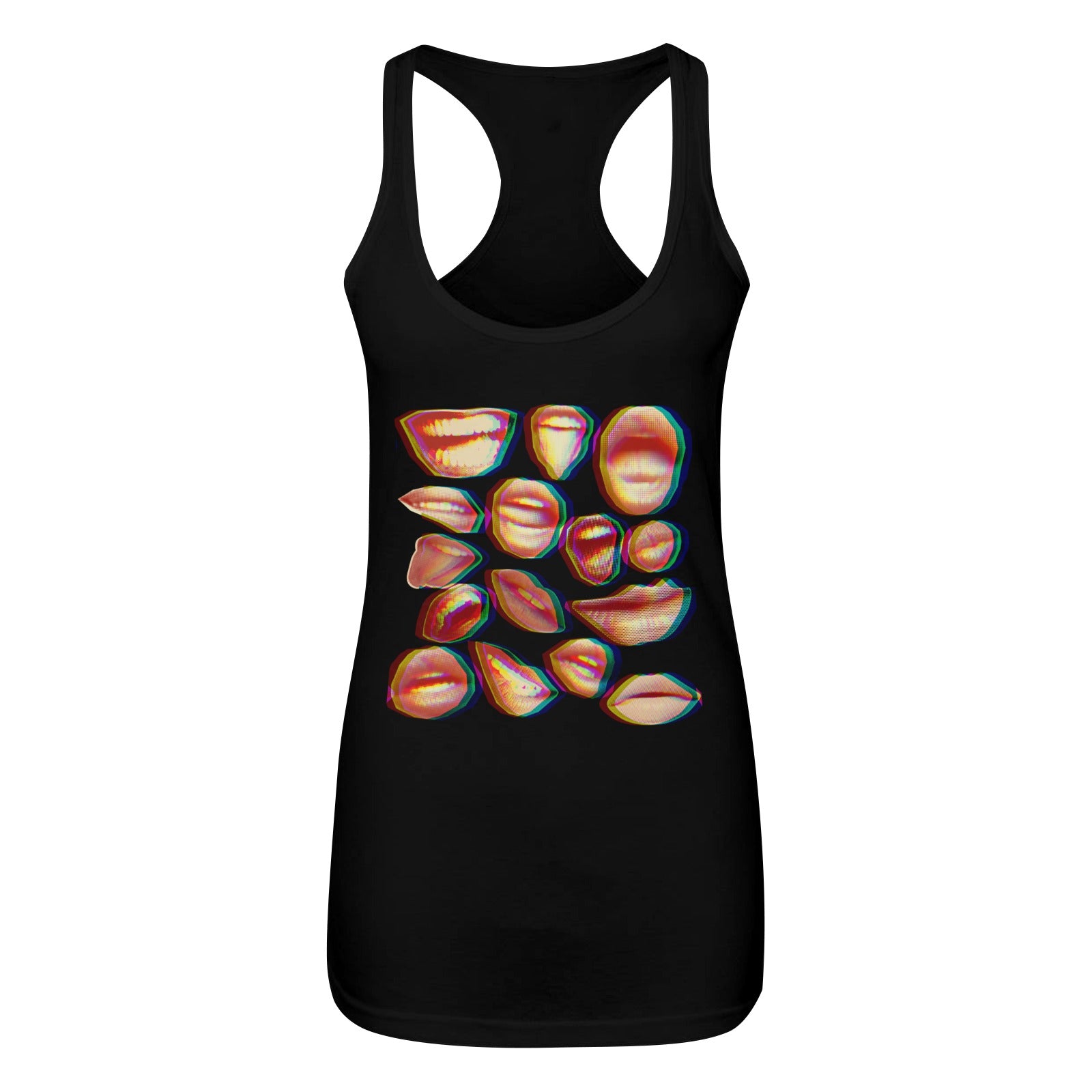 cool black tank top with glitchy mouth and lips print, printed in the USA