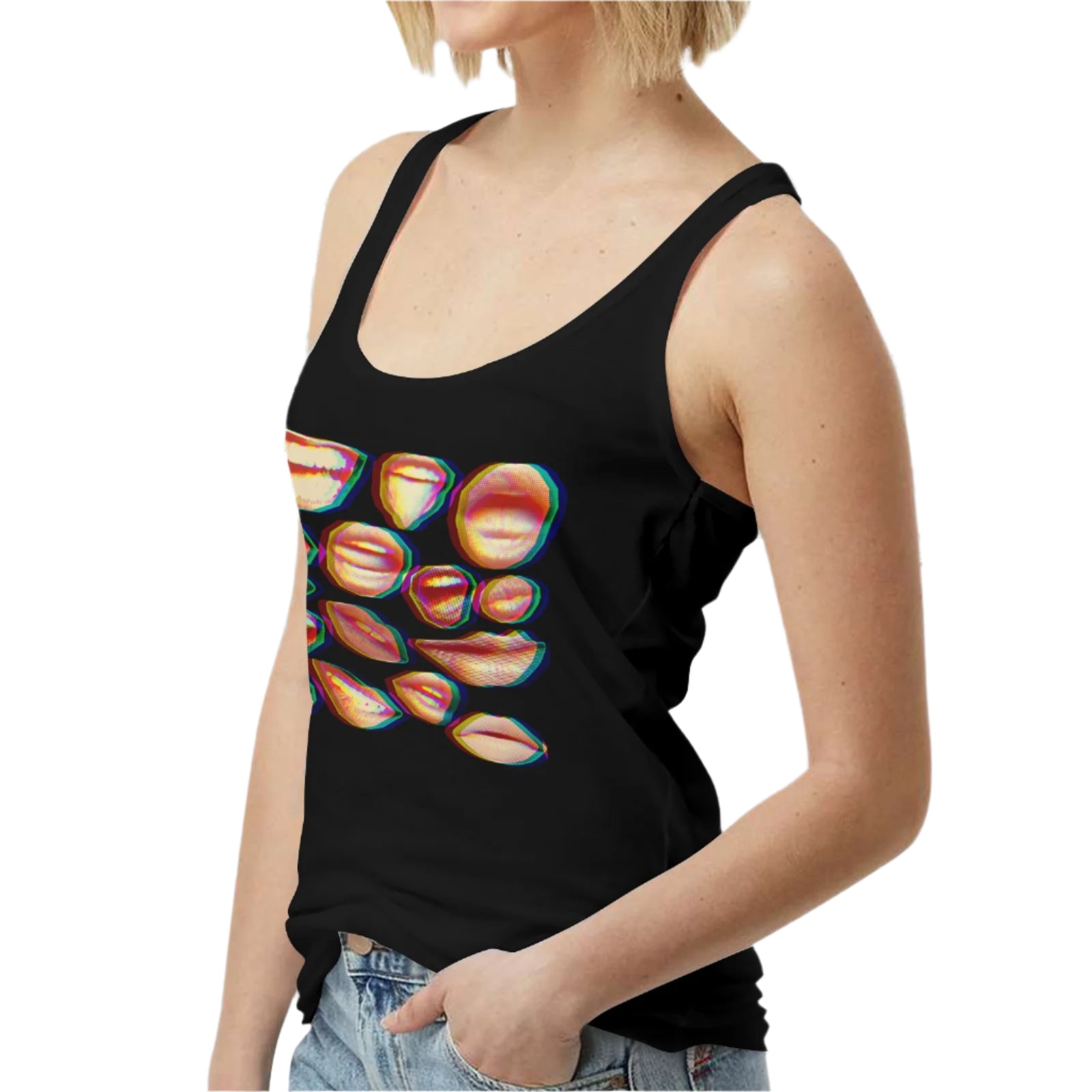 black racerback tank top for women with a glitchy weirdcore mouths print