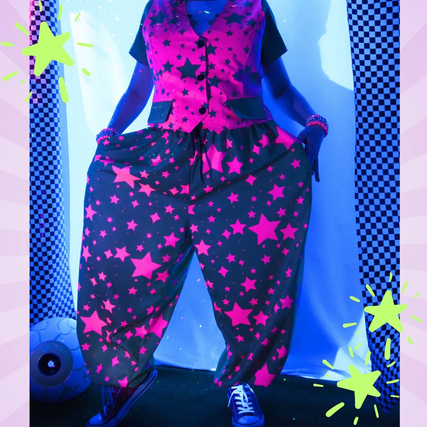 80s Chaos Stardust Lime Green Hot Pink Balloon Clown Pants