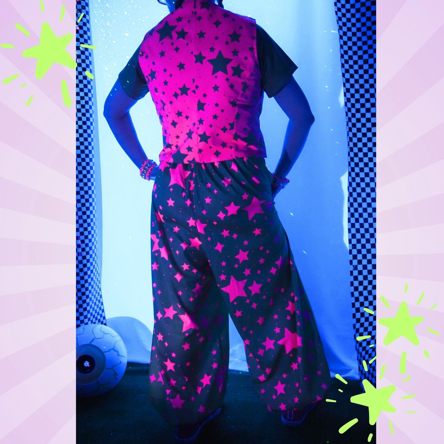 80s Chaos Stardust Lime Green Hot Pink Balloon Clown Pants