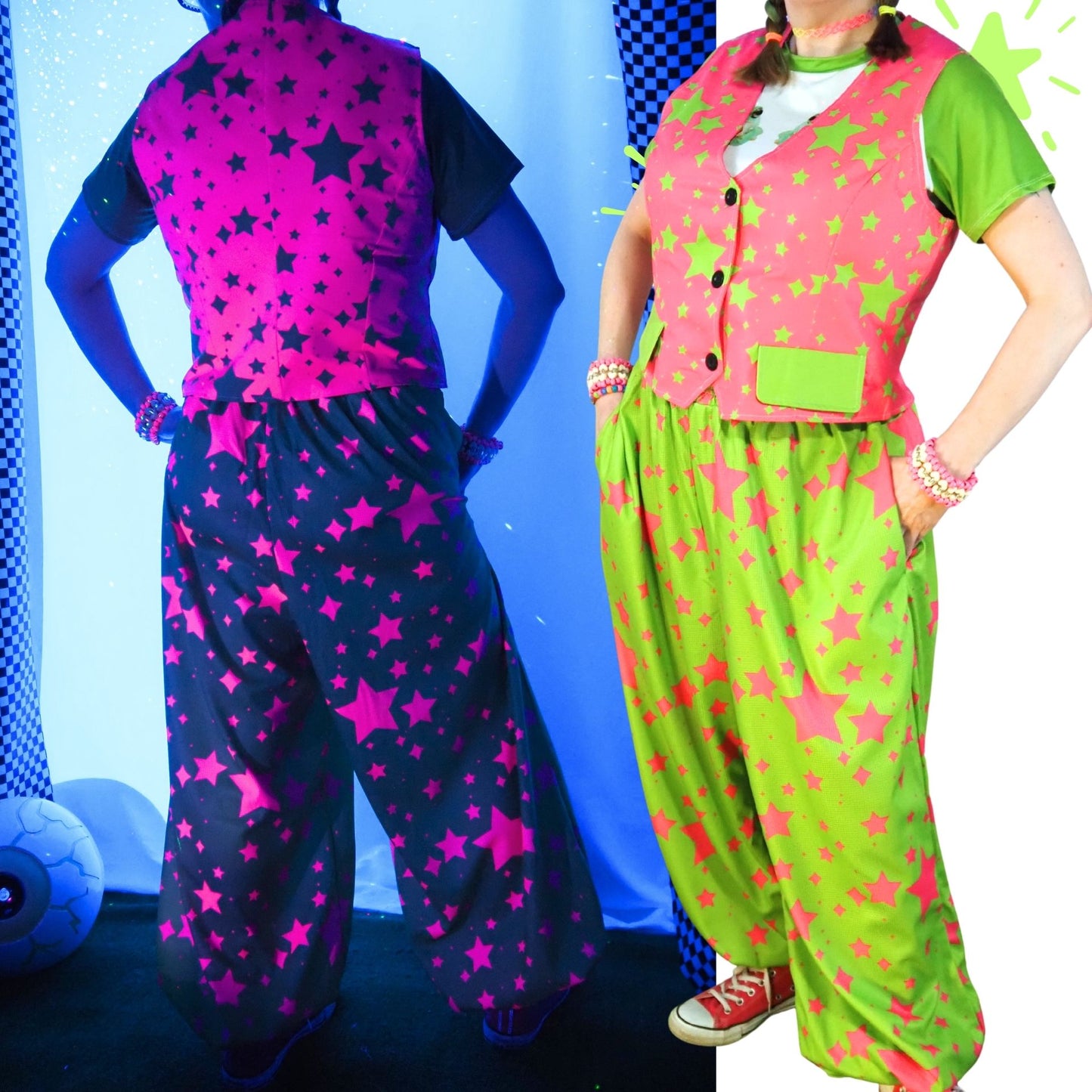80s Chaos Stardust Lime Green Hot Pink Balloon Clown Pants