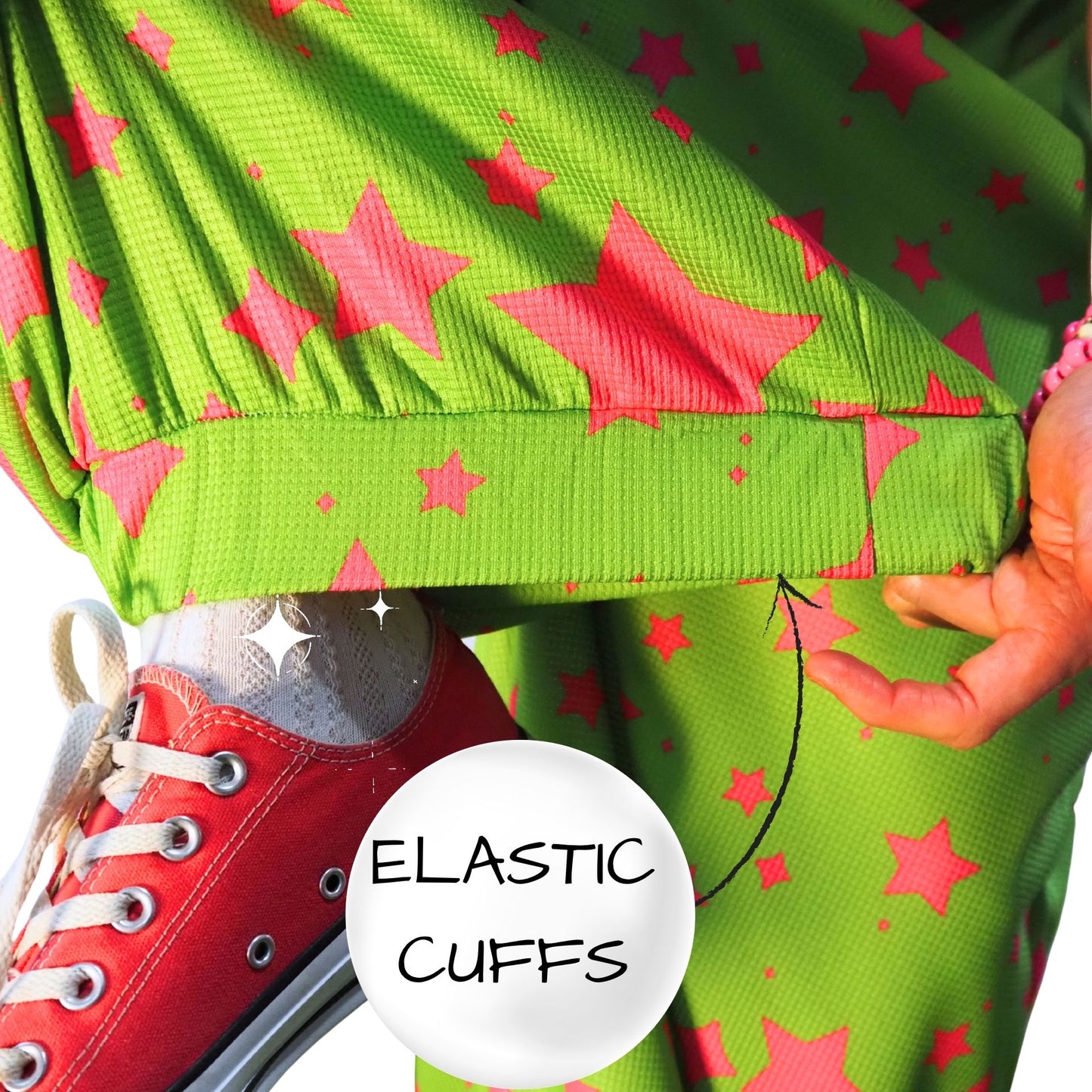 showing wide elastic cuffs on clown pants