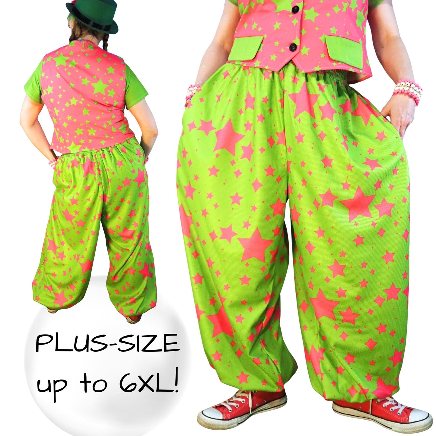 Person wearing a plus-size outfit with green pants and pink stars, pink top, and red shoes on a white background.