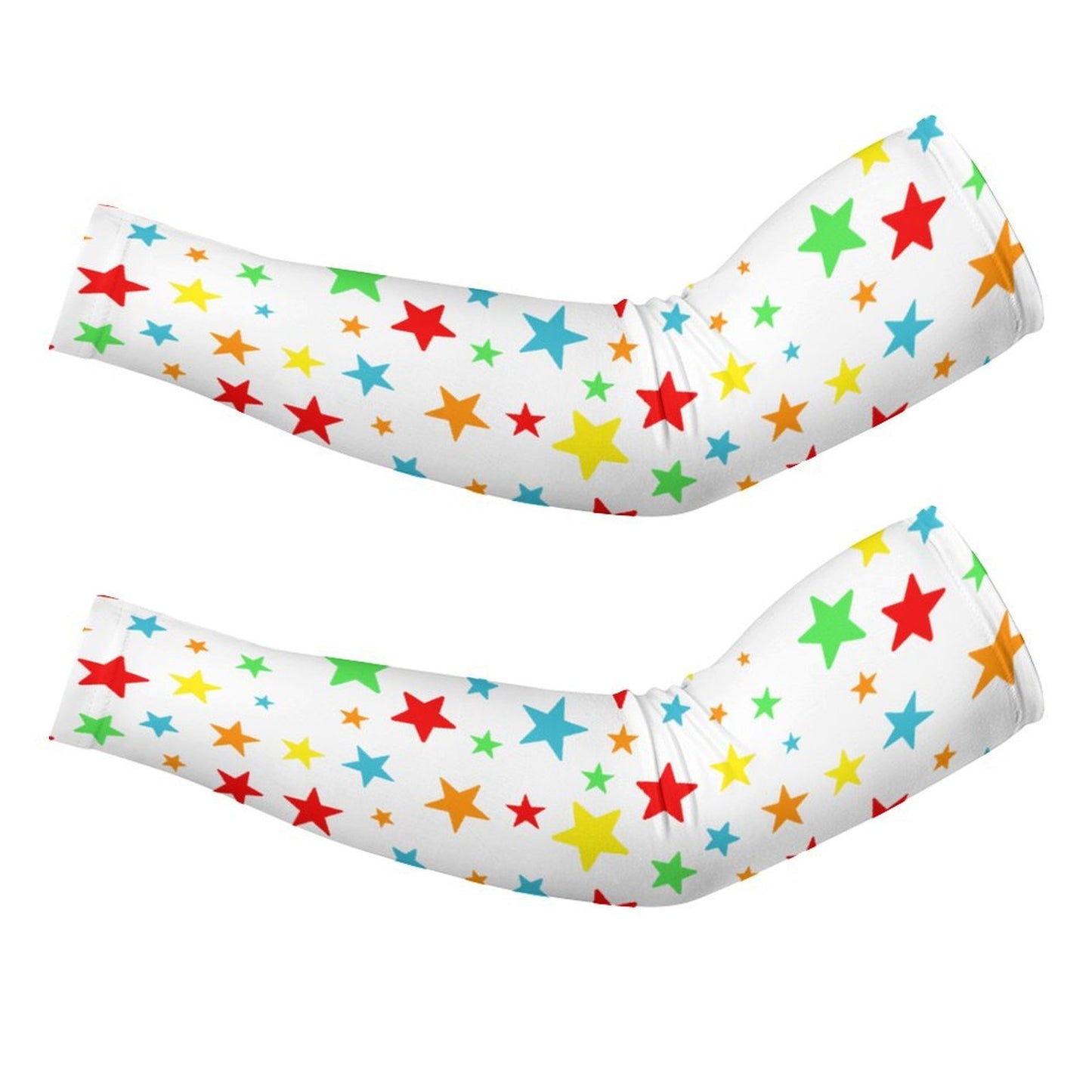 Two colorful arm sleeves with star patterns on a white background