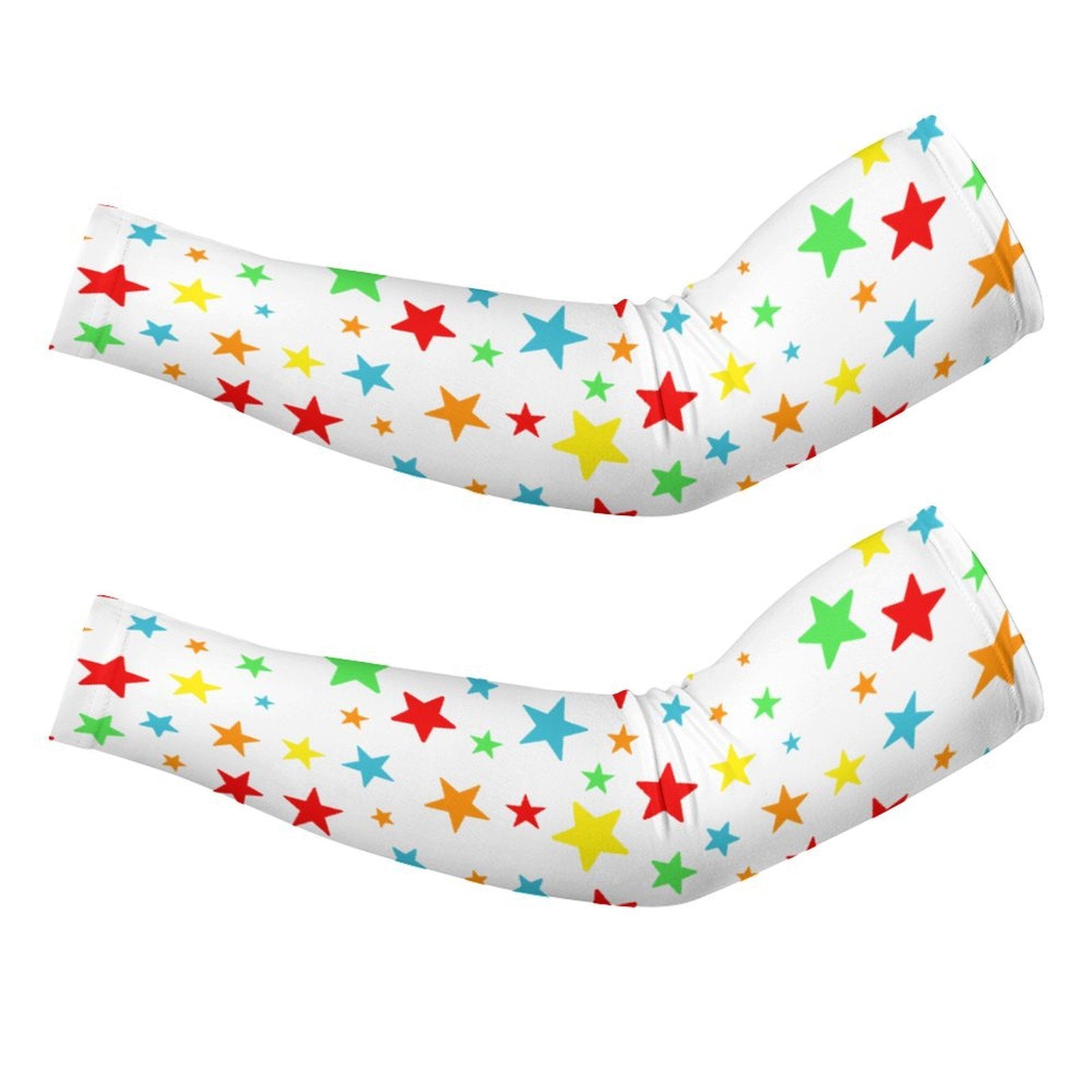 Two colorful arm sleeves with star patterns on a white background
