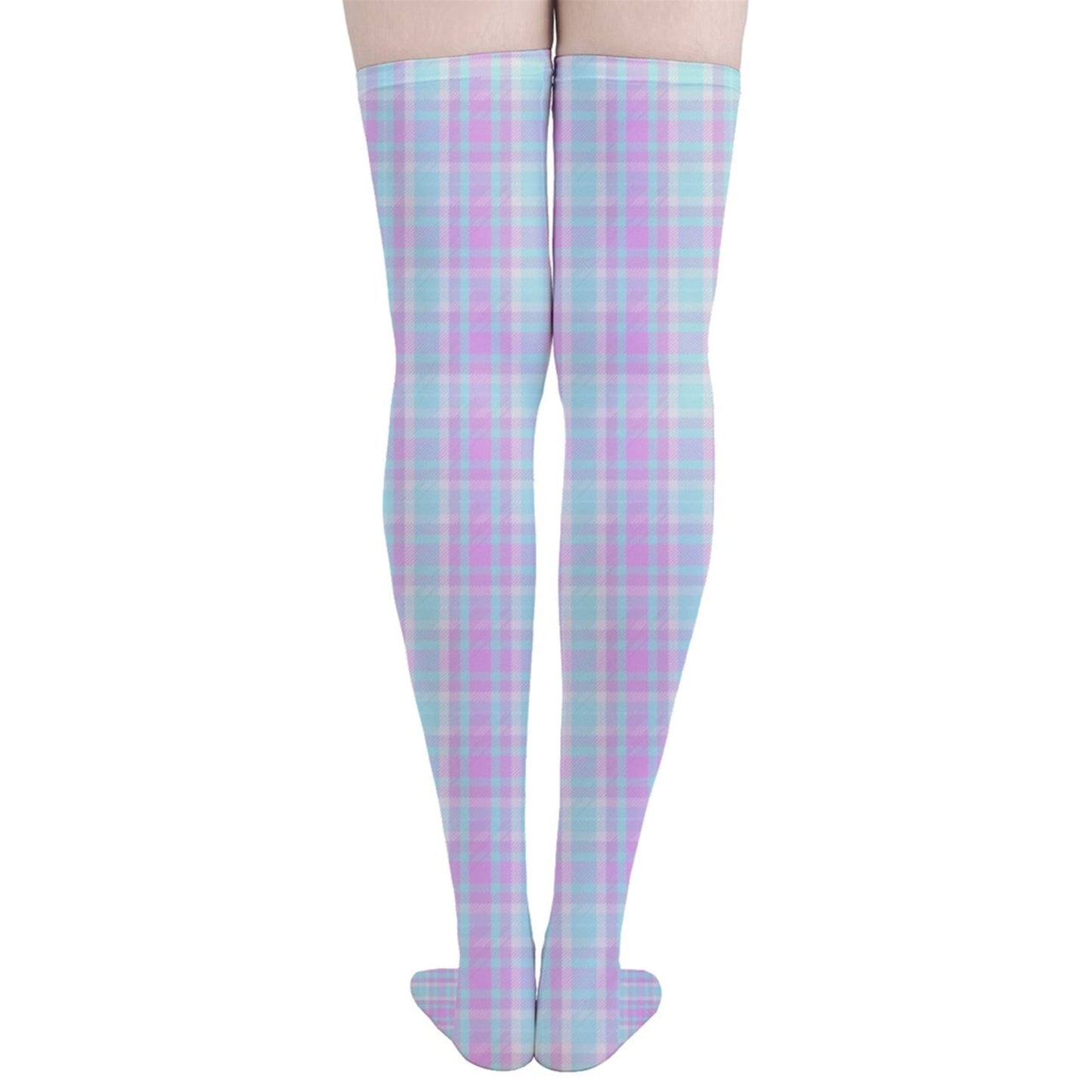 back of vivily printed pastel plaid thigh highs