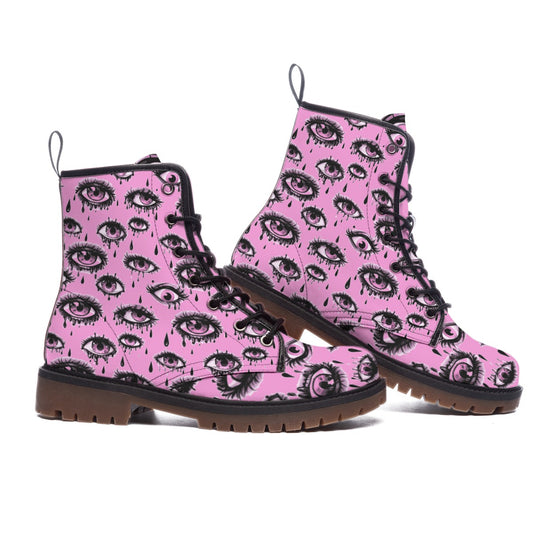 Pretty Goth Eyes Pink Combat Boots | Vegan Faux Leather Weirdcore Shoes