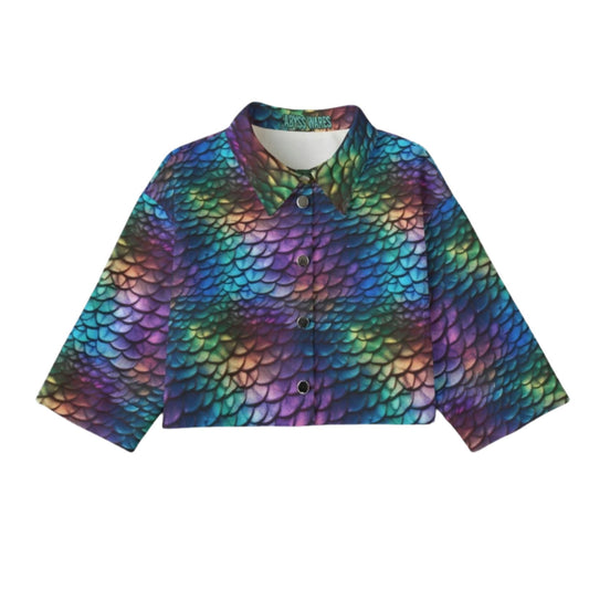 Rainbow Fish Scale Bolero Cropped Cotton Twill Jacket Scenecore Mermaidcore Crop Coat 3/4 Sleeves