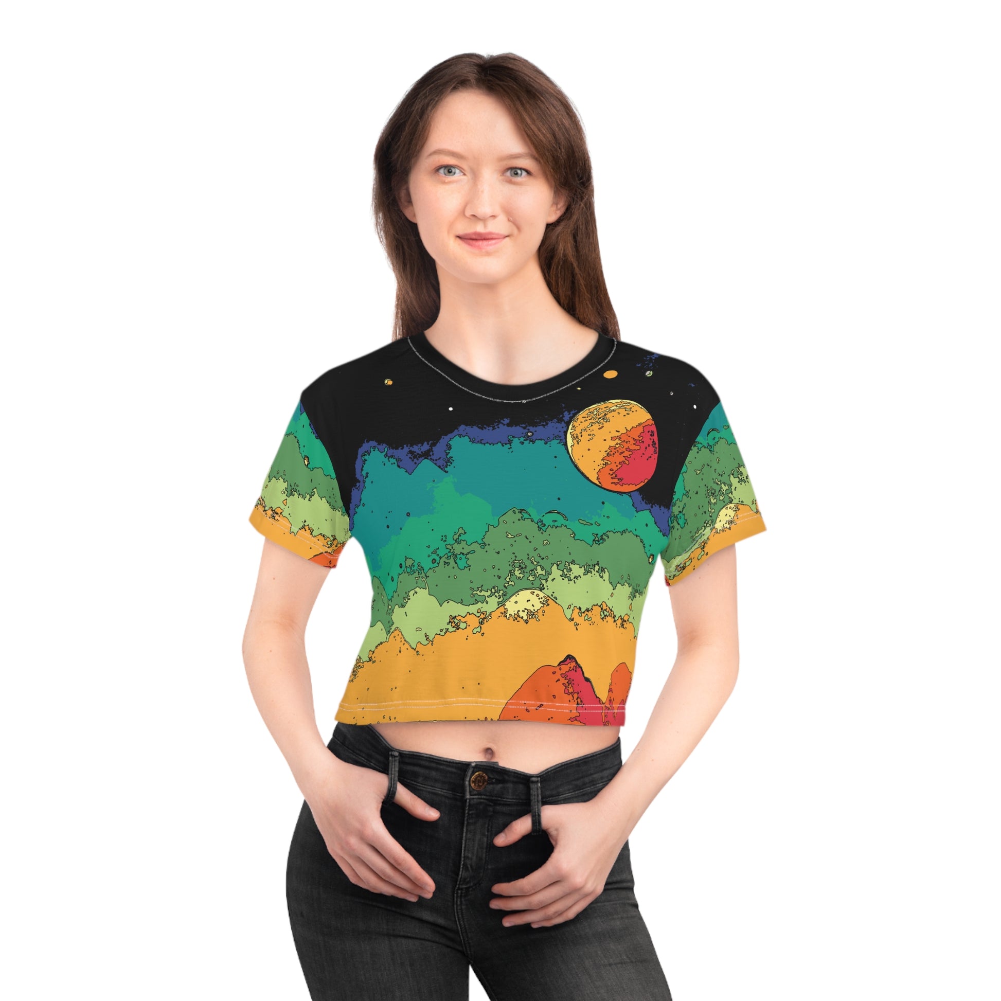 scifi lofi womens crop top in colorful alien landscape print
