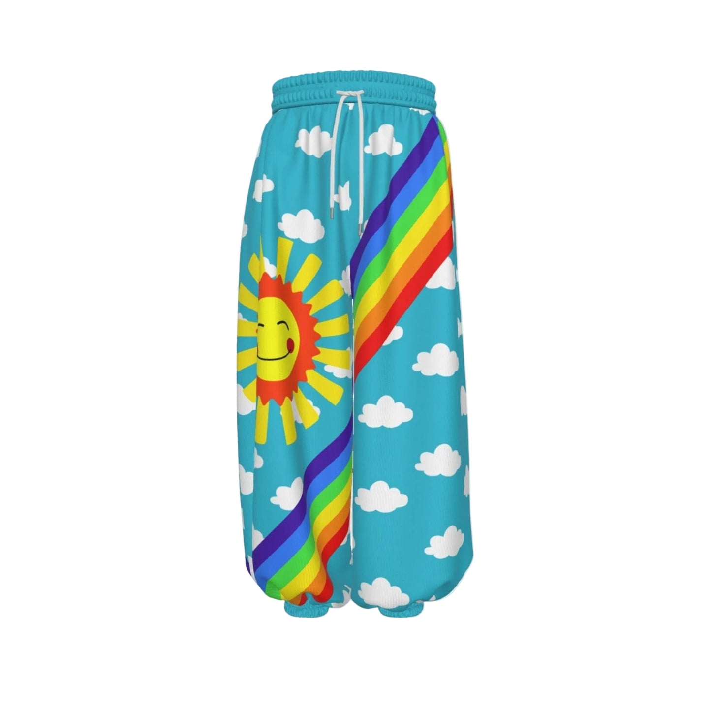 Colorful baggy clown pants with a sun and rainbow design on a light blue background