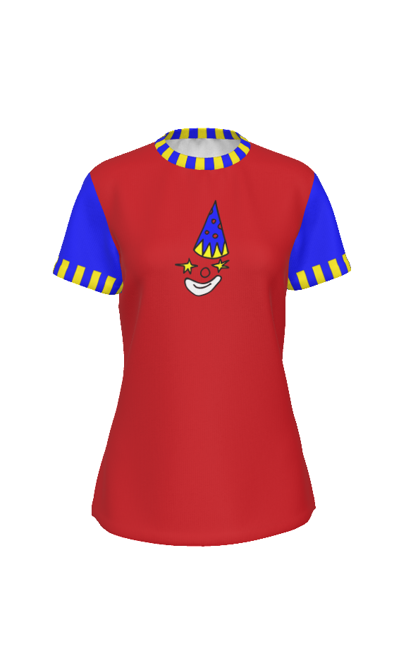 Red shirt with blue sleeves and yellow trim on a white background