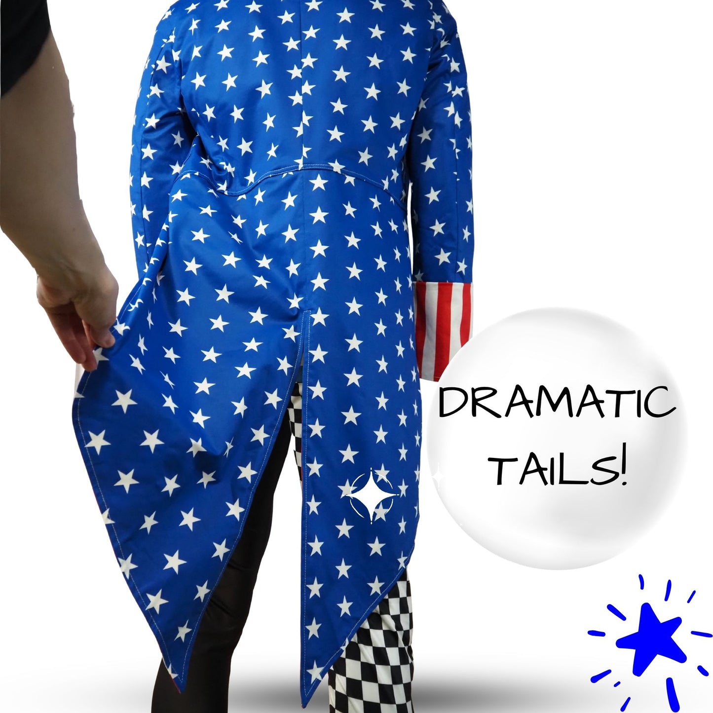Person wearing a blue outfit with white star pattern, labeled 'Dramatic Tails'.