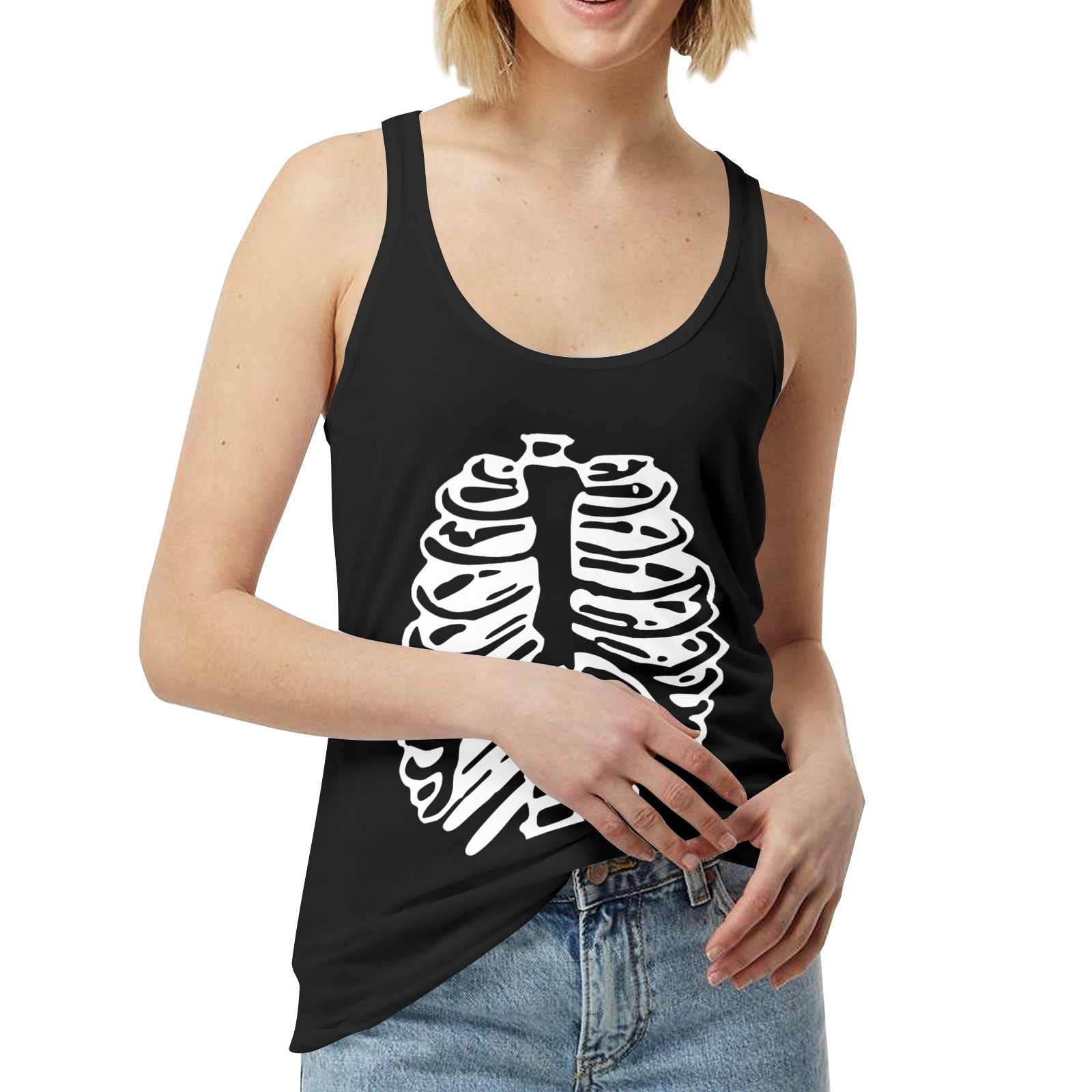White ribcage print on a black tank top for women