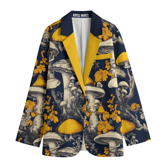 Mycology Today Yellow & Navy Women's Sport Coat Botanical Mushroom Print Rococo Blazer