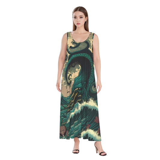 Cthulhu's Dominion Sleeveles Rayon Maxi Dress | Green Tentacle Sea Monster